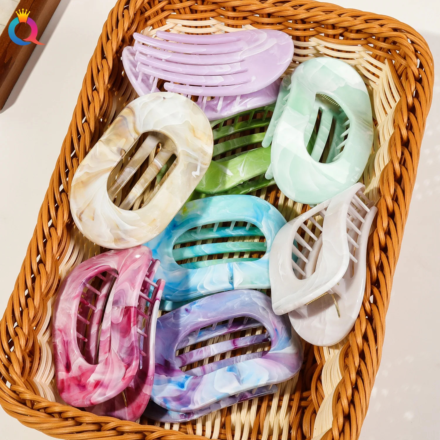 Oval Hair Claw Acrylic Marbling Flat Circular Grip Colorful Updo Women Headwear