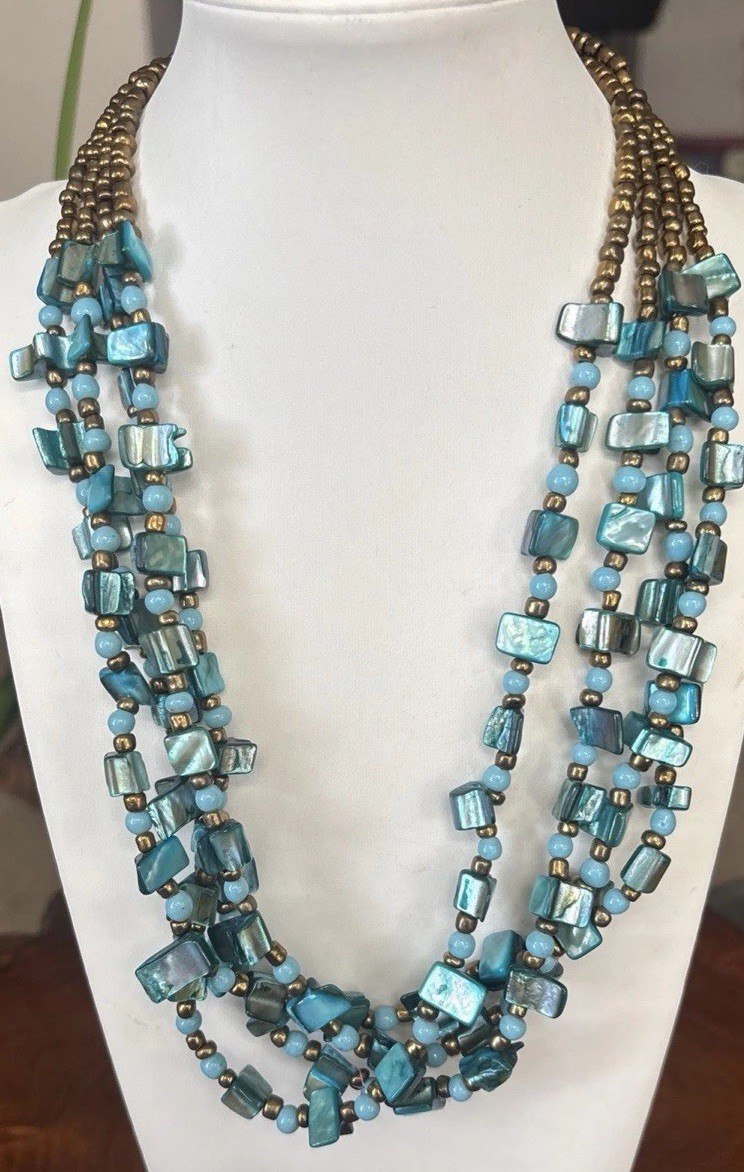 Multi Strand Turquoise Beaded Shell Statement Necklace Southwest Boho Style 19”