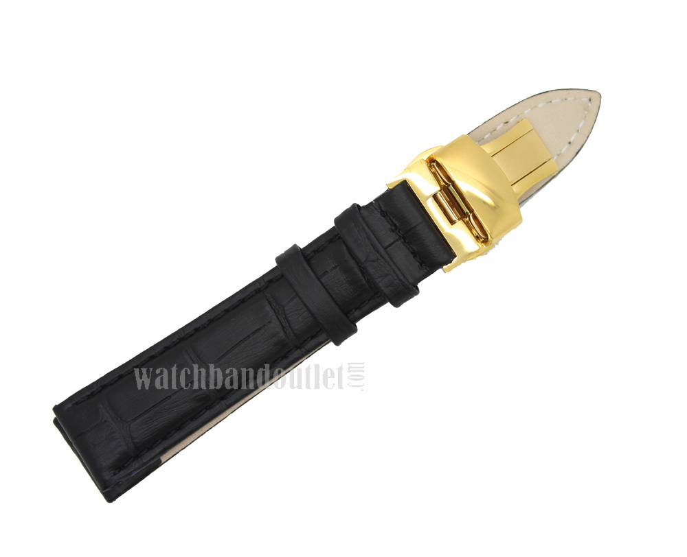 Black Genuine Leather Watch Band+Push Button Butterfly Deployant Clasp Buckle