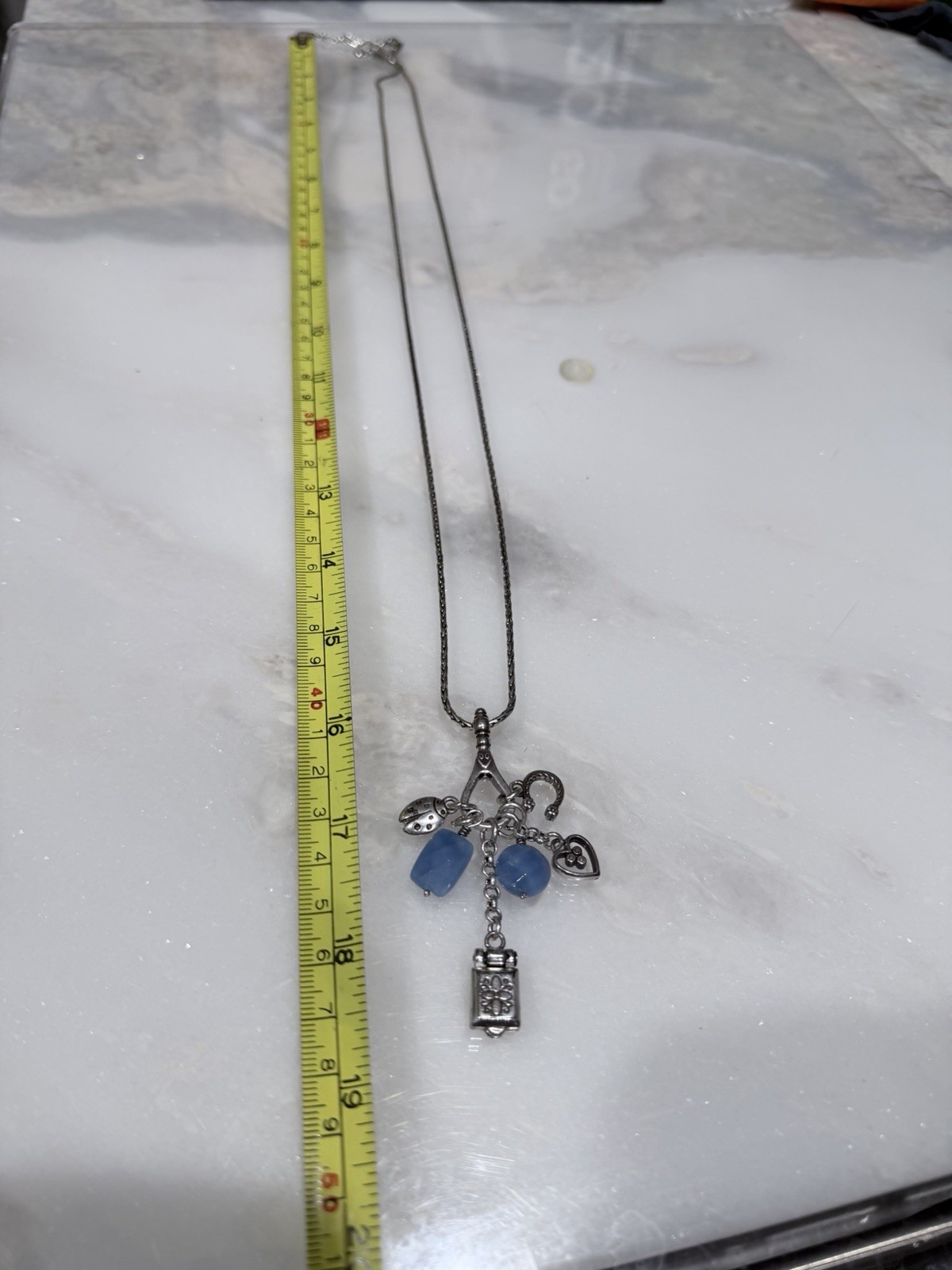 Brighton Silver Tone Charm Necklace Blue Beads Ladybug Heart Purse Horseshoe 20”