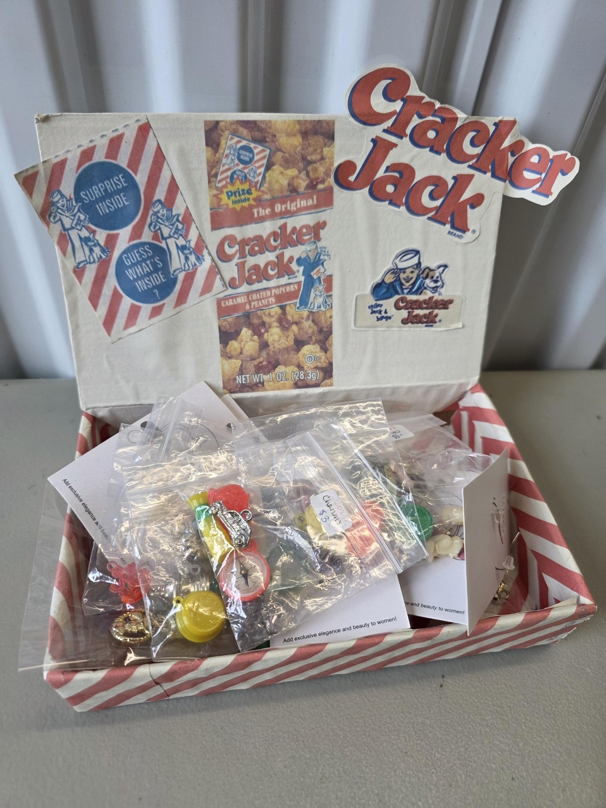 Vintage Cracker Jack Prize Charm Jewelry Lot Plastic Metal Charms Earrings Boxed
