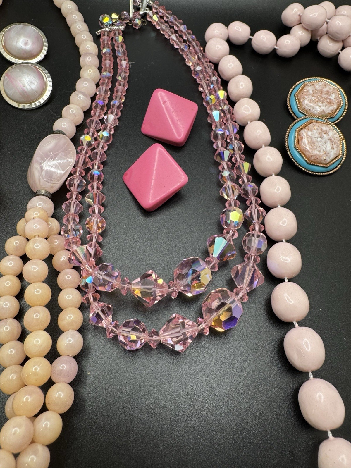 Vintage Pink Jewelry Lot 4 Necklaces 4 Pairs Earrings Lucite Beaded AB Crystal