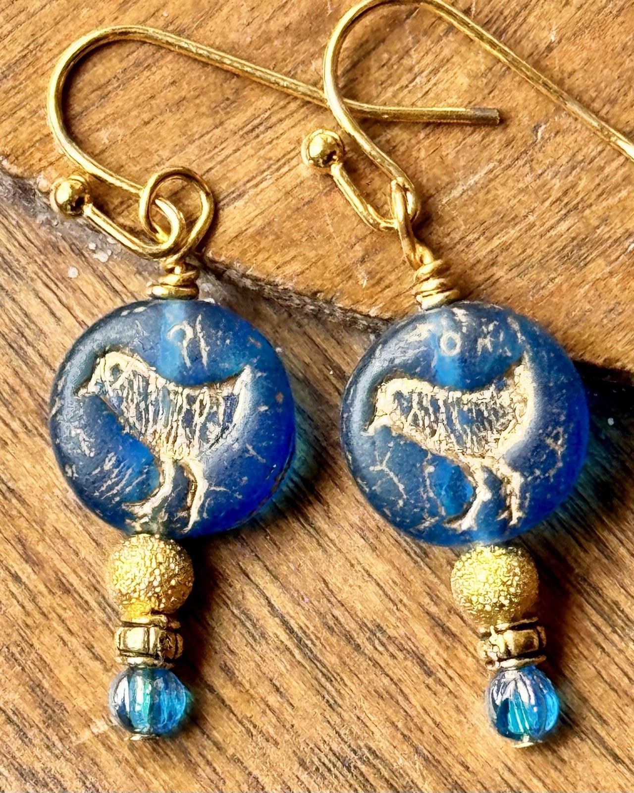 Sweet Etched Gold Heart and Blue Bird Earrings. Love. Nature