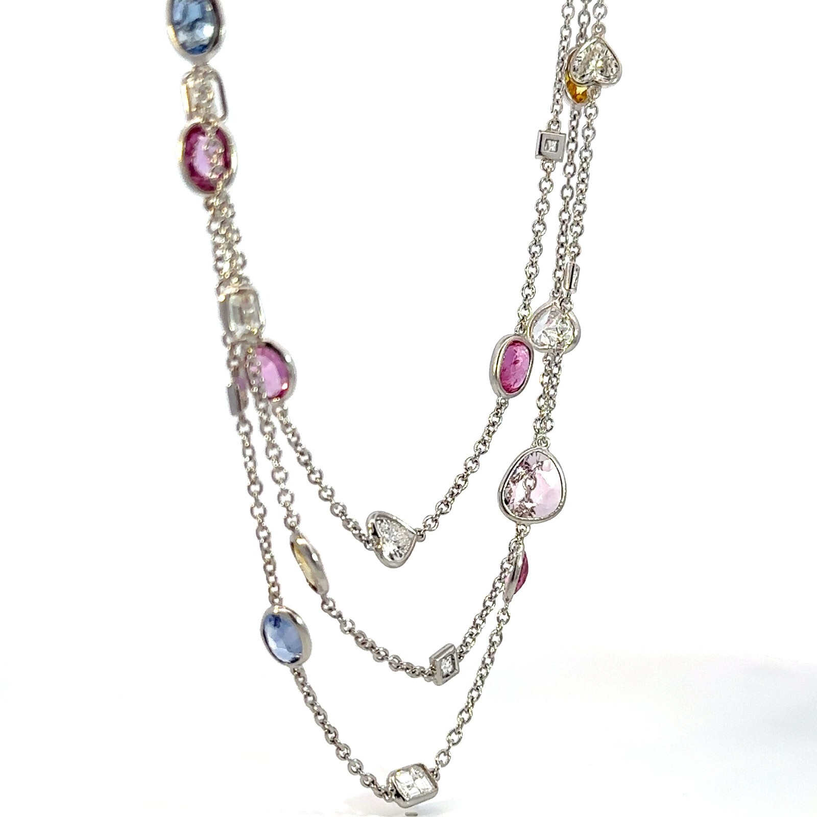 18K White Gold Fancy Cut Natural Diamonds & Multicolor Sapphire Necklace 64″