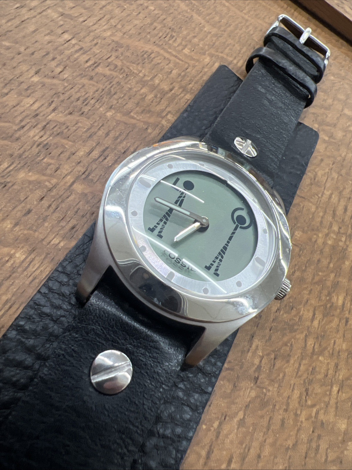Rare Vintage Fossil Big Tic Watch W/ Animated Figure Dial Robots Black Leather