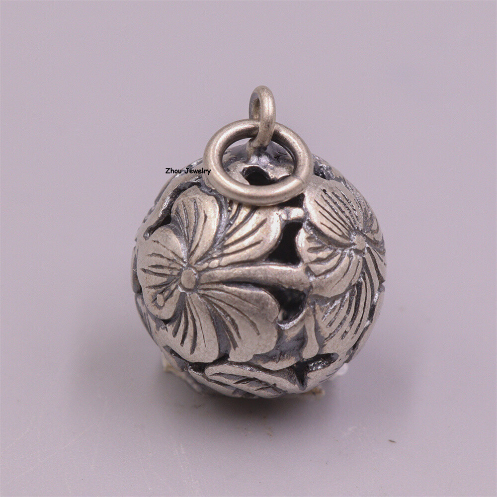 Real S925 Sterling Silver Men Women Openwork Flower Round Ball Pendant 4.8-5g