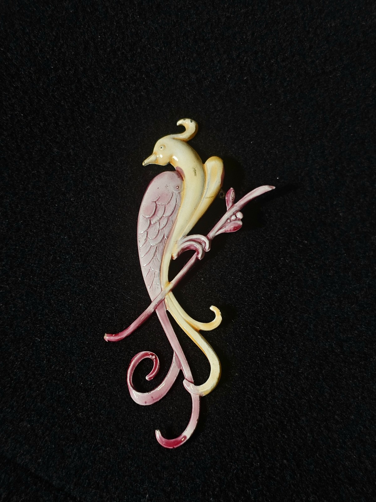 1940s Enamel Bird Brooch Large Vintage Bird Of Paradise Pot Metal Pink