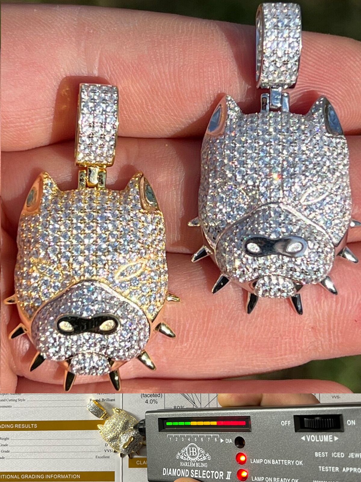 Real Moissanite 925 Silver / 14k Gold Pitbull Dog Pendant Necklace Pass Tester