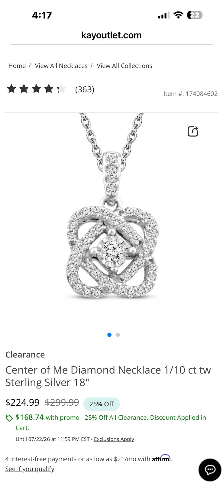 Kay Jewelers Center of Me 0.10 ctw Diamond Pendant Necklace 925 Silver 18in