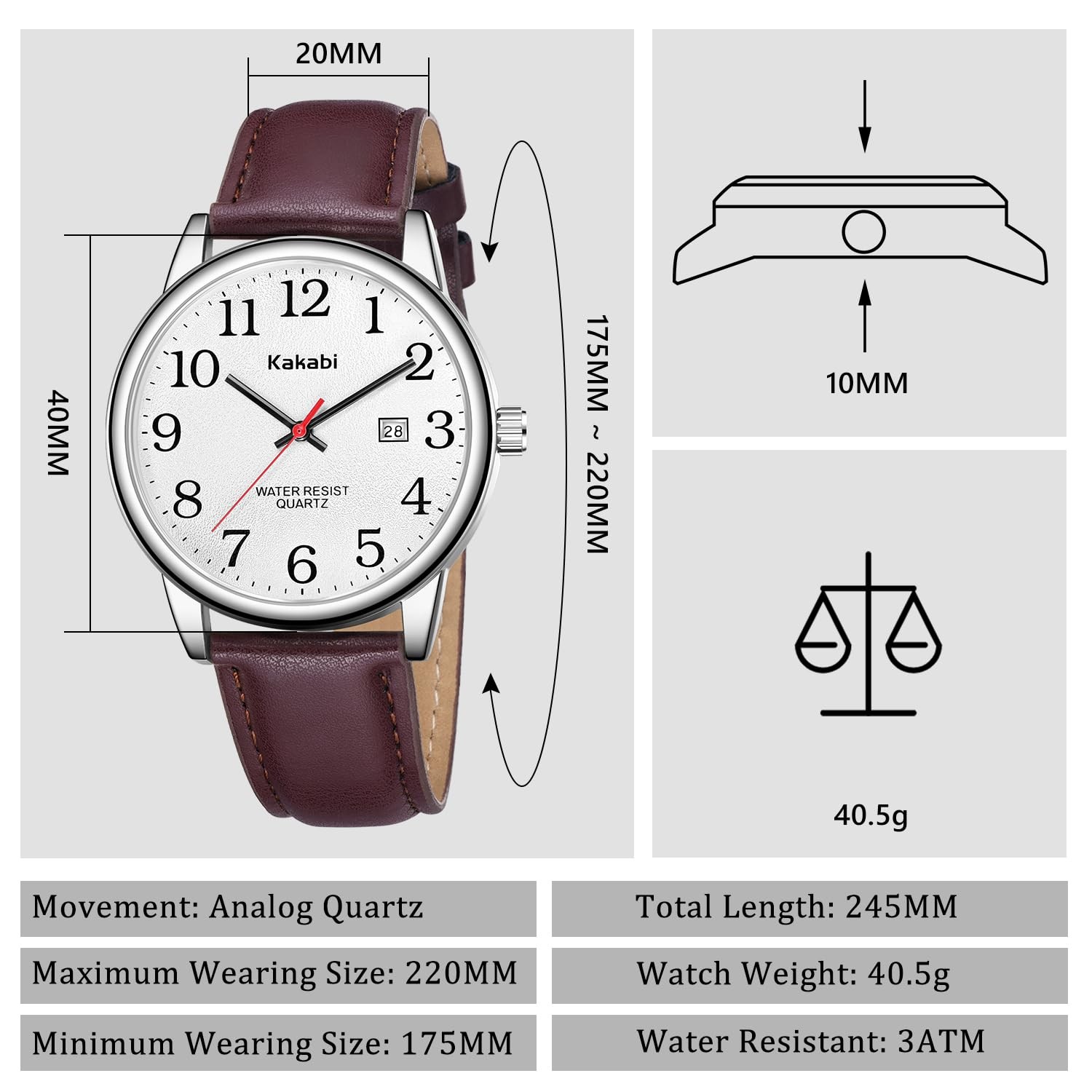 Kakabi Watch for Men, Easy Reader Unisex 03-Reddish-brown/Silver-Tone/White
