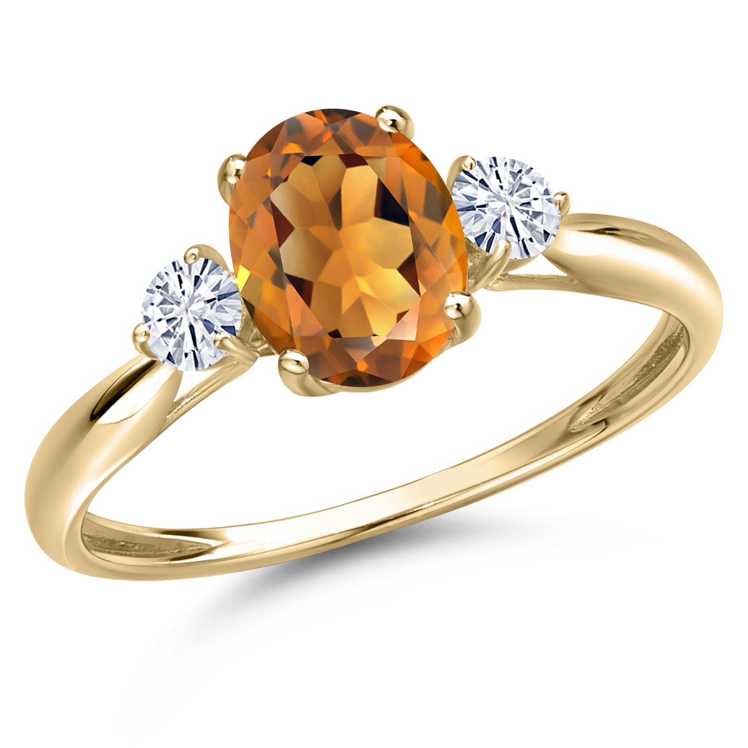 10K Yellow Gold Orange Red Madeira Citrine and White Moissanite 3-Stone Ring