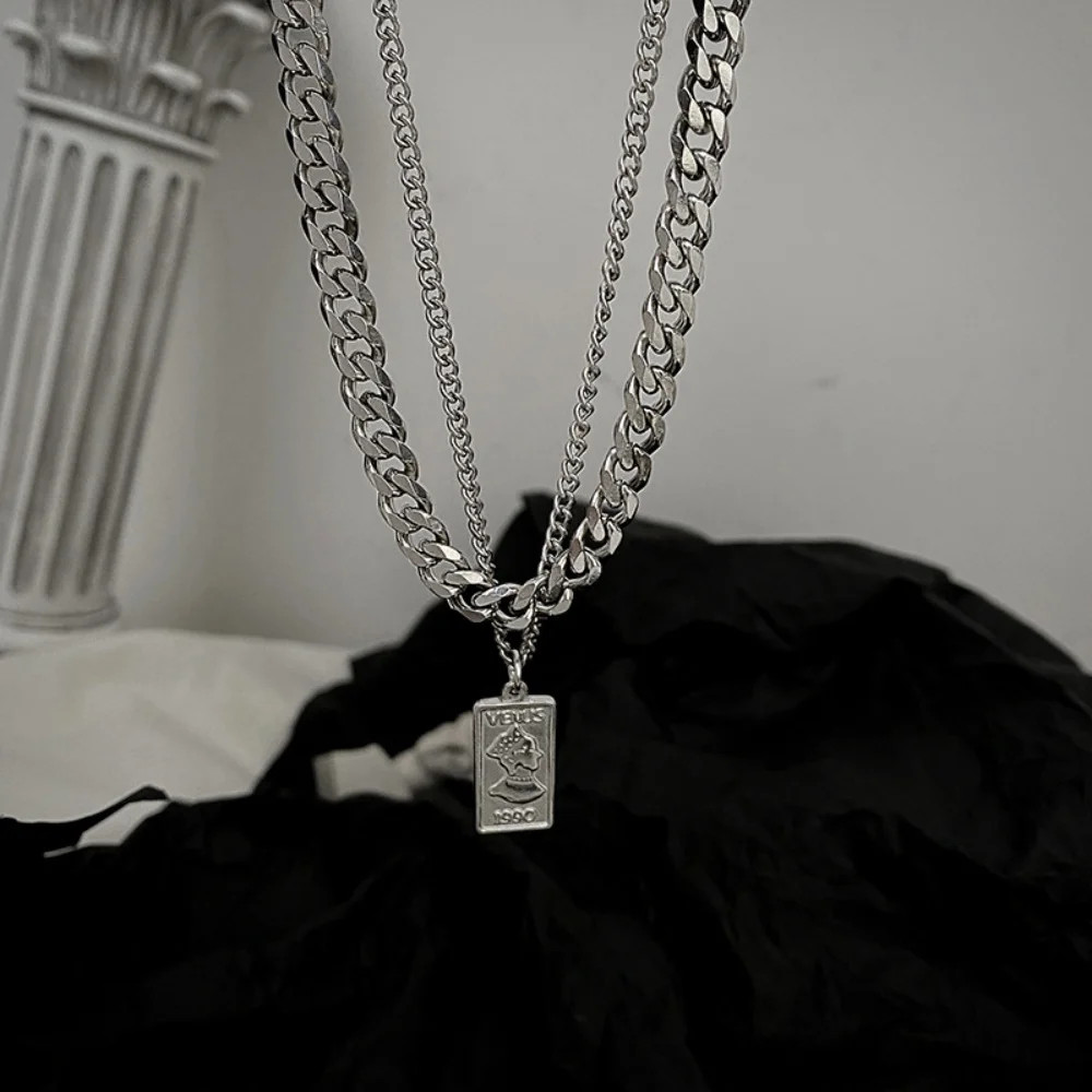 Retro Double Layer Cuban Chain Necklace Hip Hop Men Stainless Steel Pendant Neck