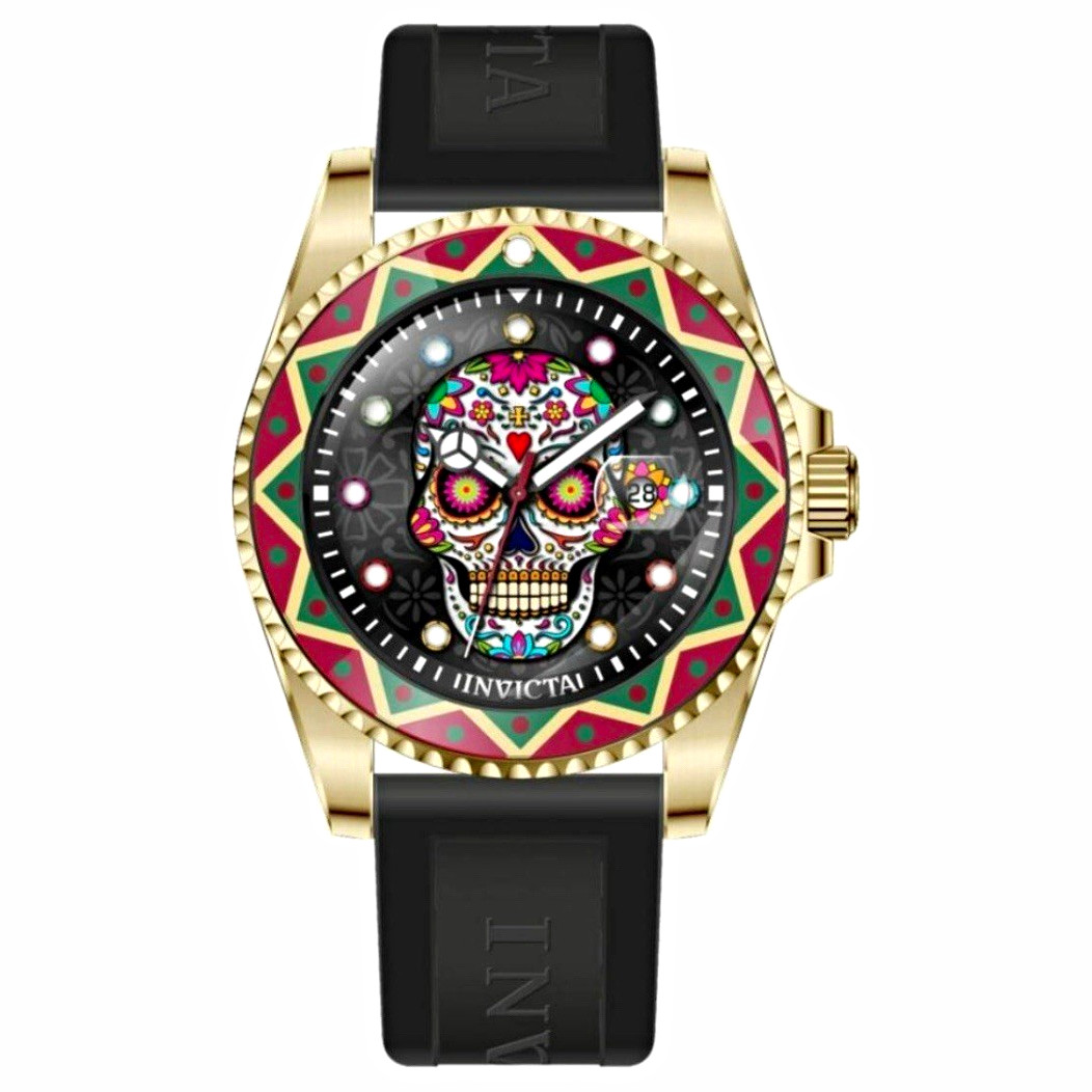 Invicta Men’s Quartz 52mm Skull Dial Gold Tone SS Case Black Silicone 30m Date