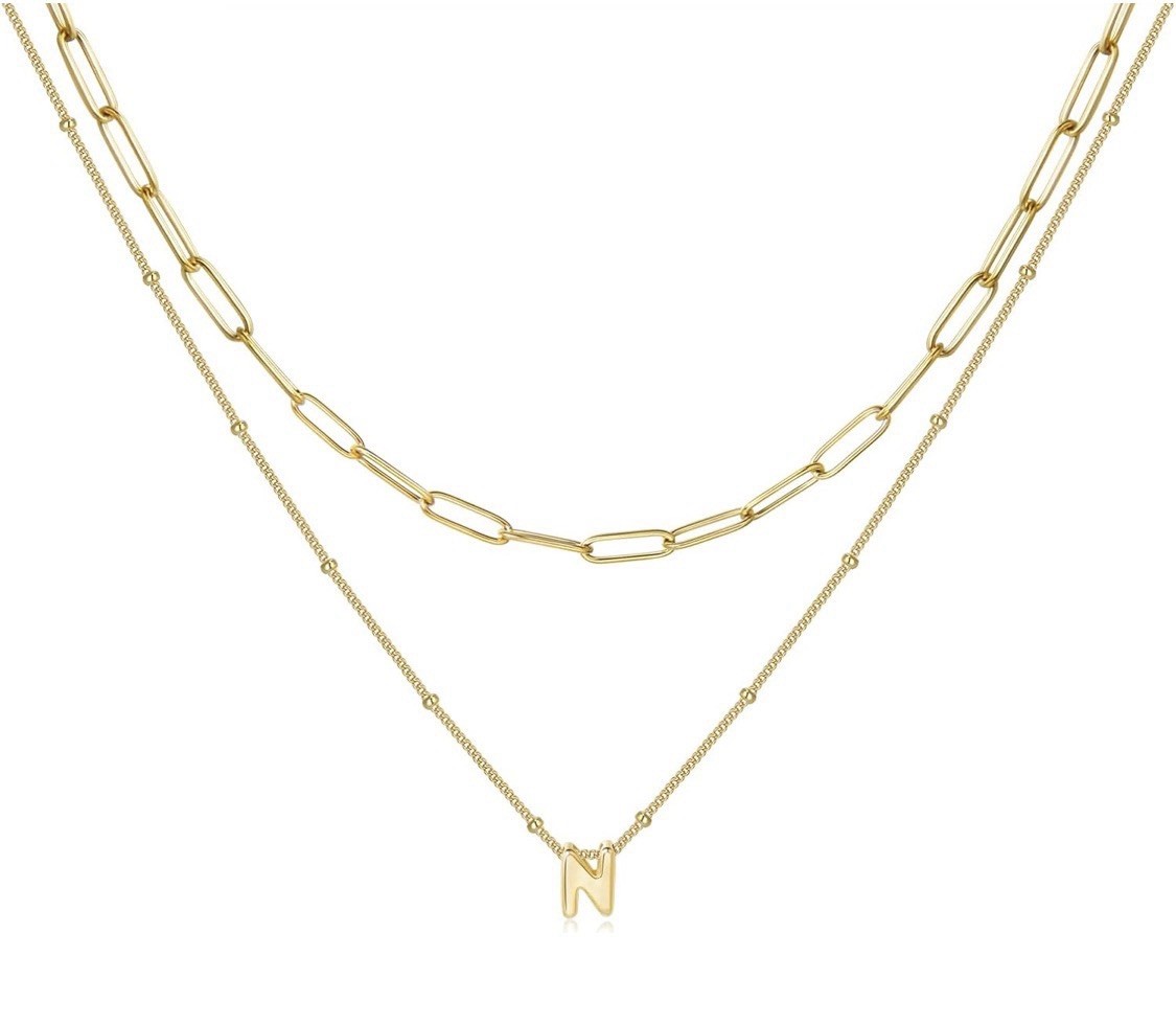 Gold Tone Layered Paperclip Chain Alphabet Letter Pendant Necklace
