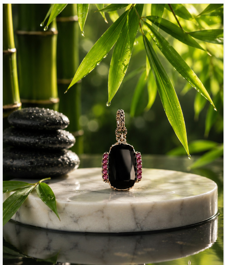 Barbara Bixby Black Onyx Cushion Cabochon Rhodolite Garnet Enhancer 925 18K NIB