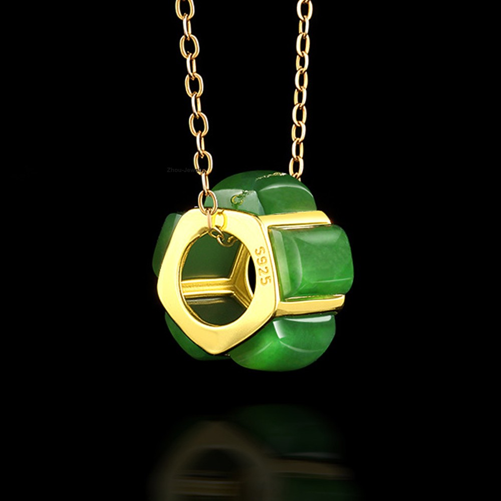 Natural Green Jade Barrel Bead Pendant with Gold-Plated 925 Silver – Lucky Charm