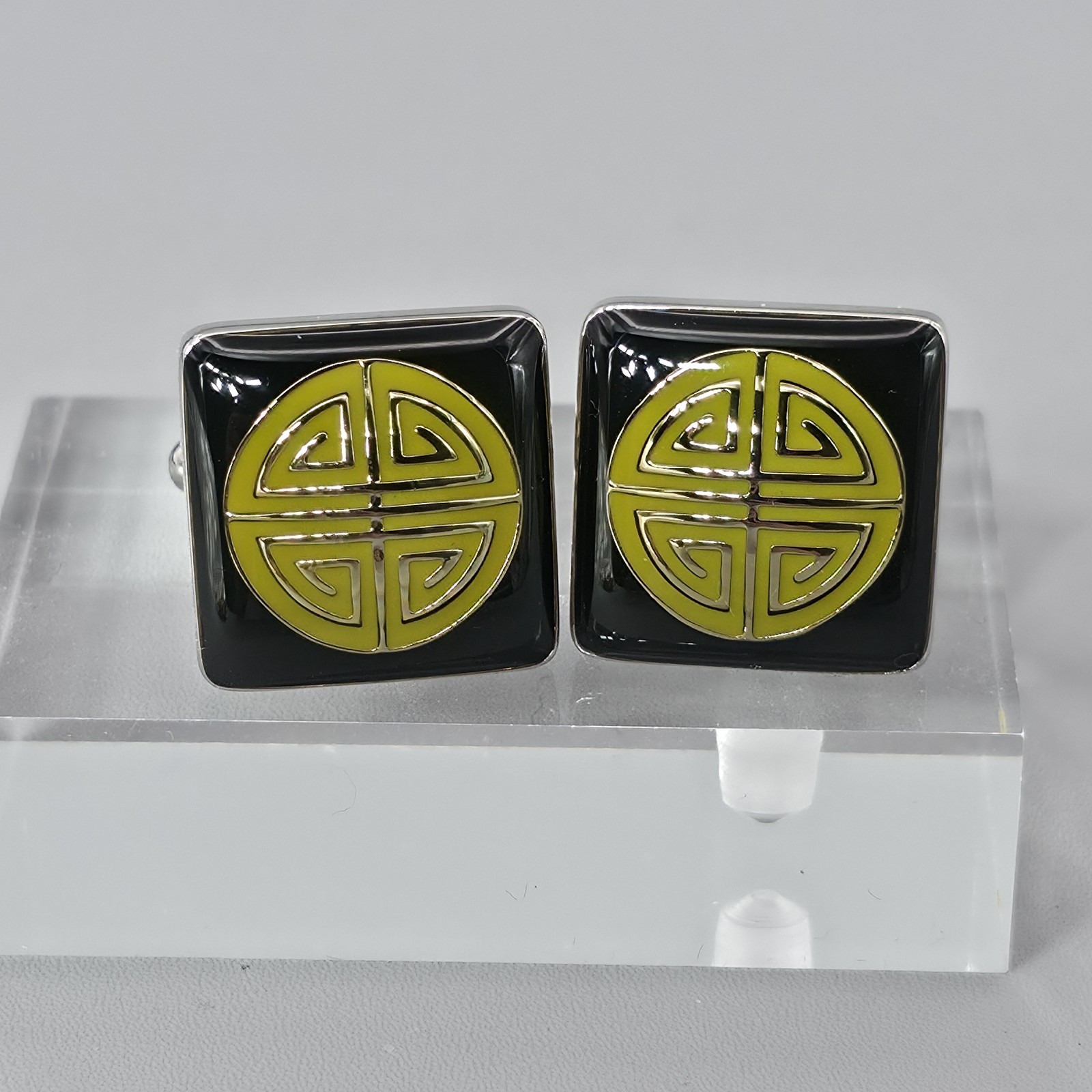 Shanghai Tang Black Lime Green Enamel Cufflinks Shou Longevity Symbol