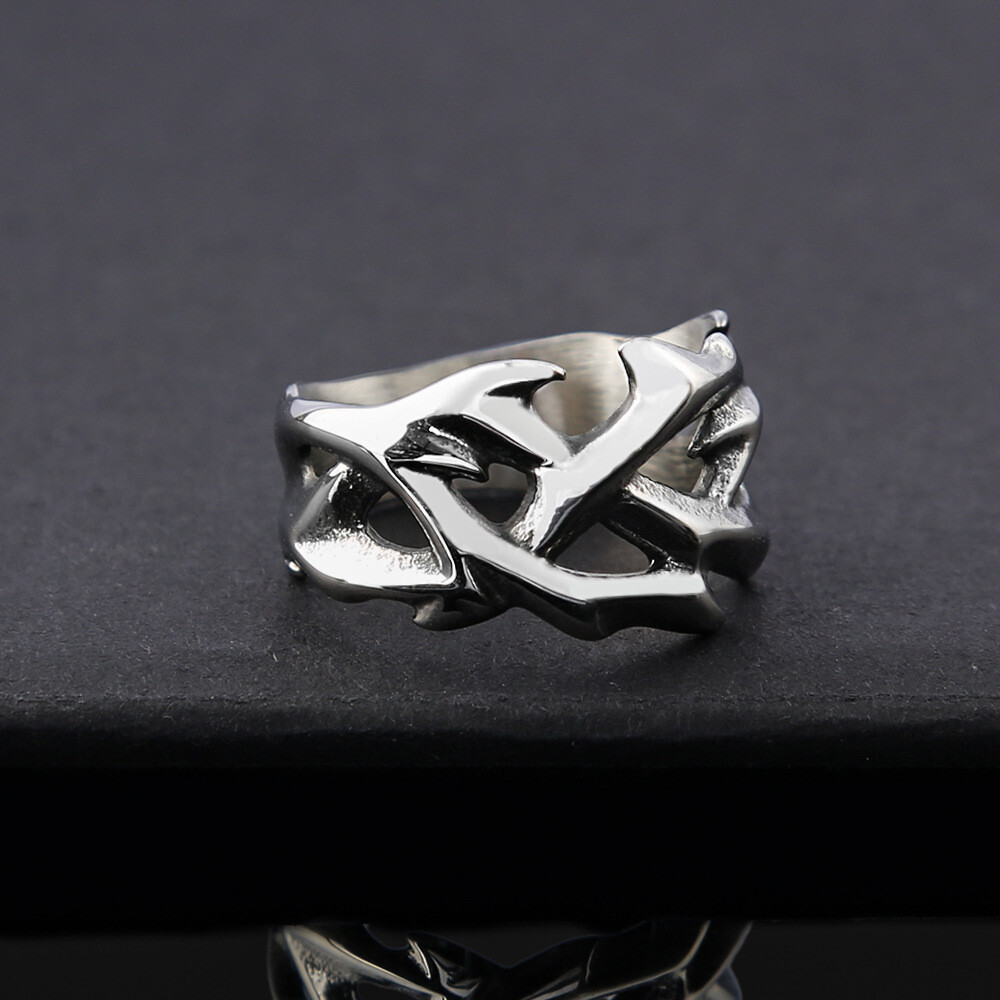 Vintage Crown of Thorns Mens Ring Christian Faith Stainless Steel Ring for Men