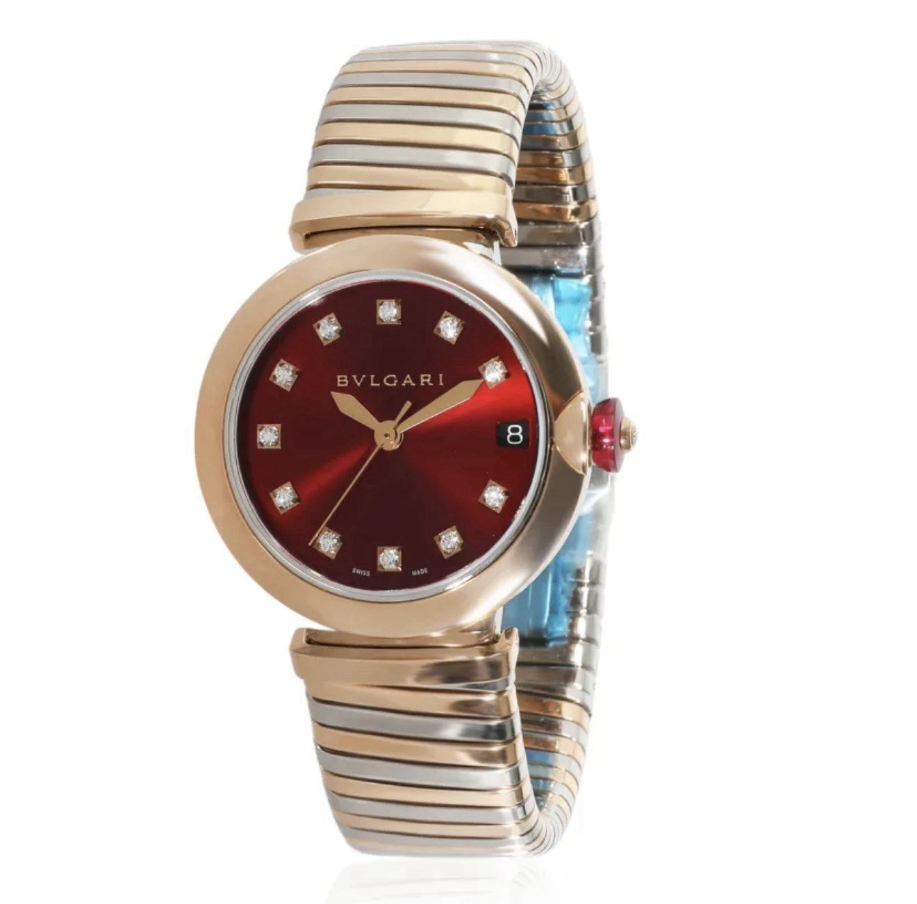 Bvlgari Lvcea Tubogas 33mm Two-Tone Diamond Bezel Red Dial Ref. 103123 FULL SET