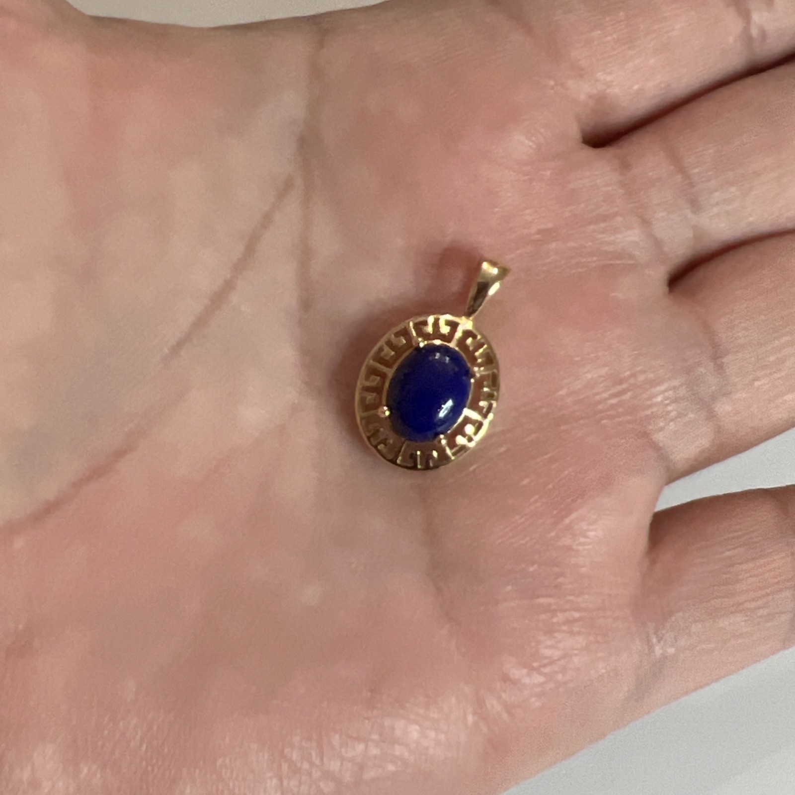 Vintage 14k Yellow Gold Lapis Lazuli Greek Key Oval Pendant