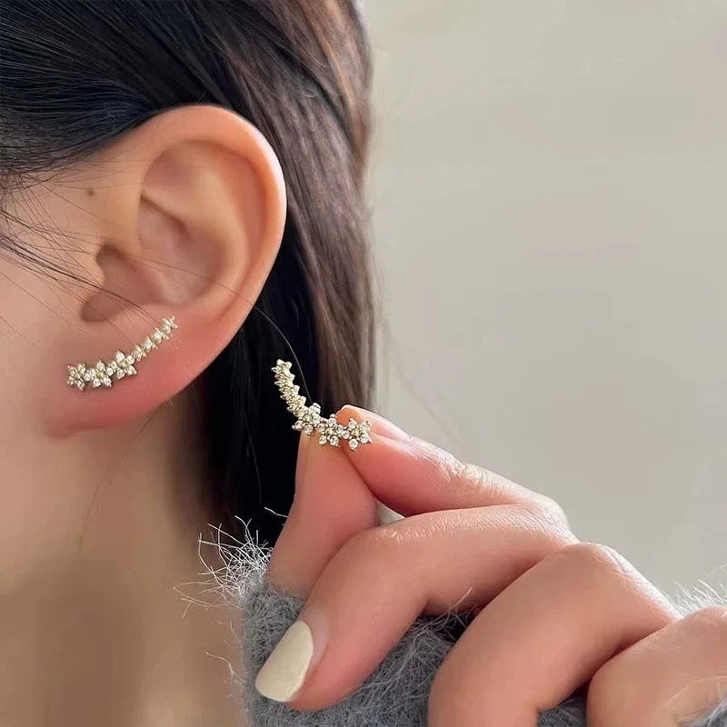 Silver Flower Star Stud Earrings Simple Zircon Climbing Piercing Jewelry