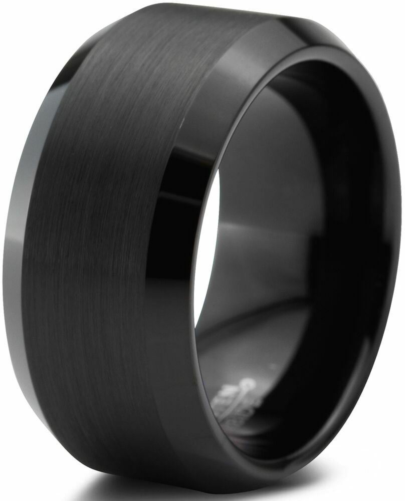 10mm Wide Men Black Tungsten Carbide Beveled Brushed Finished Wedding Band Ring