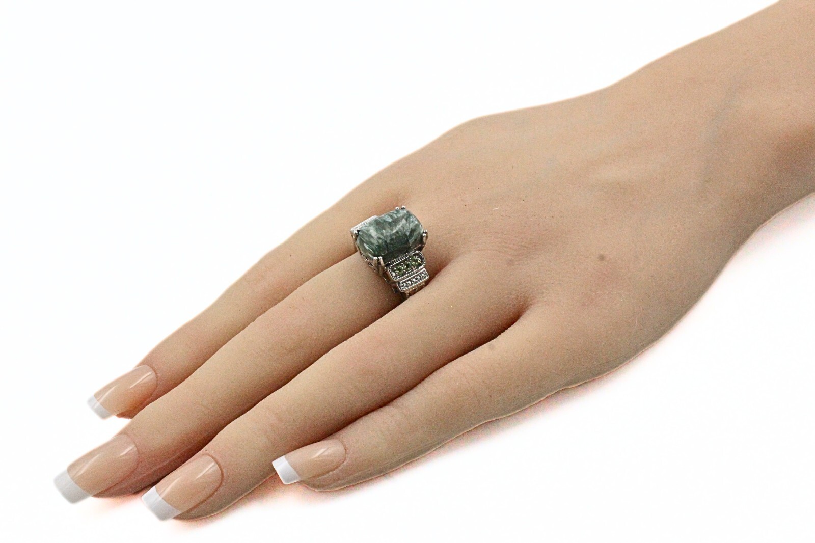 STS Karis Rhodium Plate Contemporary Green Opal HSN Cocktail Ring Sz 7