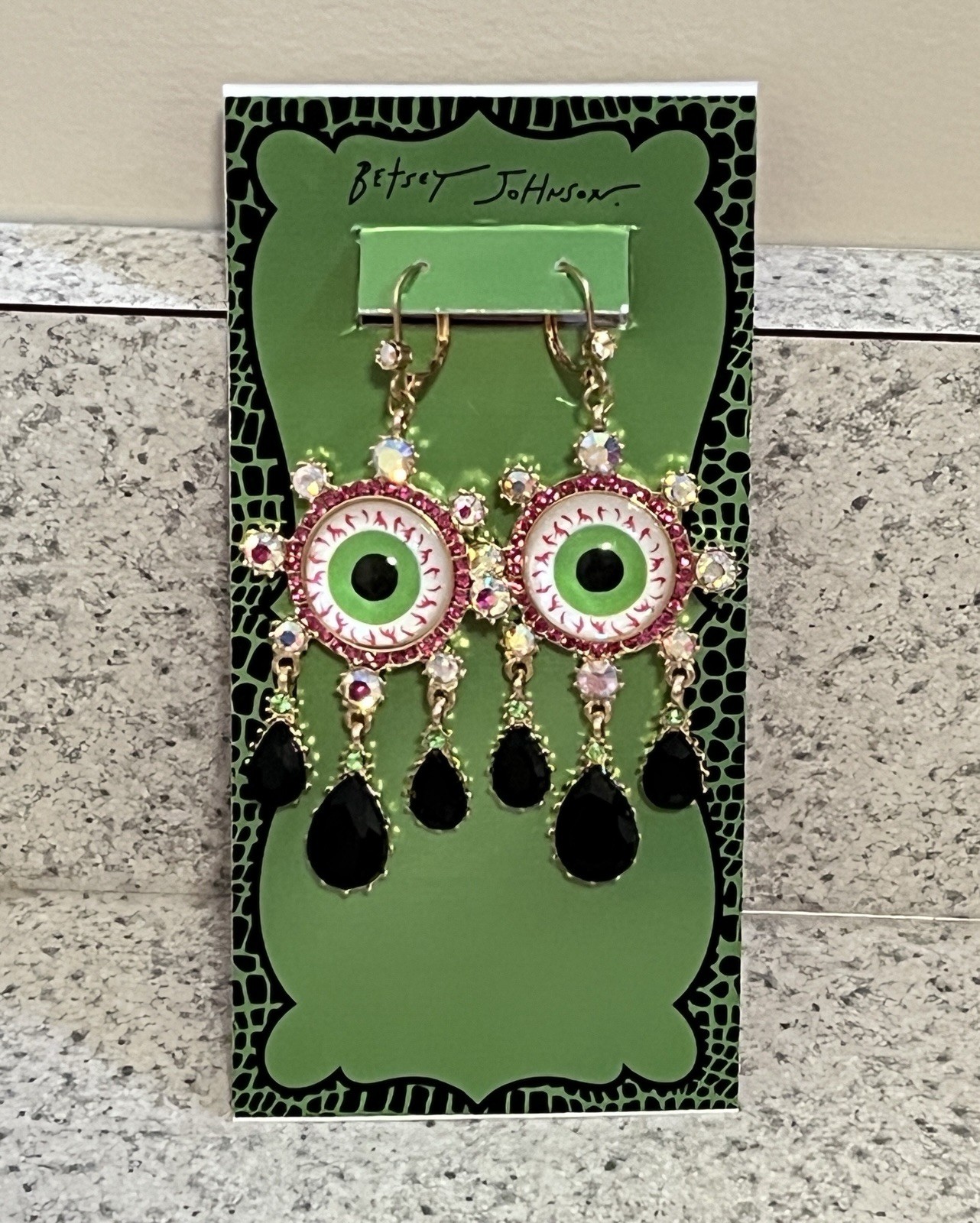 Betsey Johnson Green Evil Eye Black Tear Drop Earrings Crystal Bling NWT