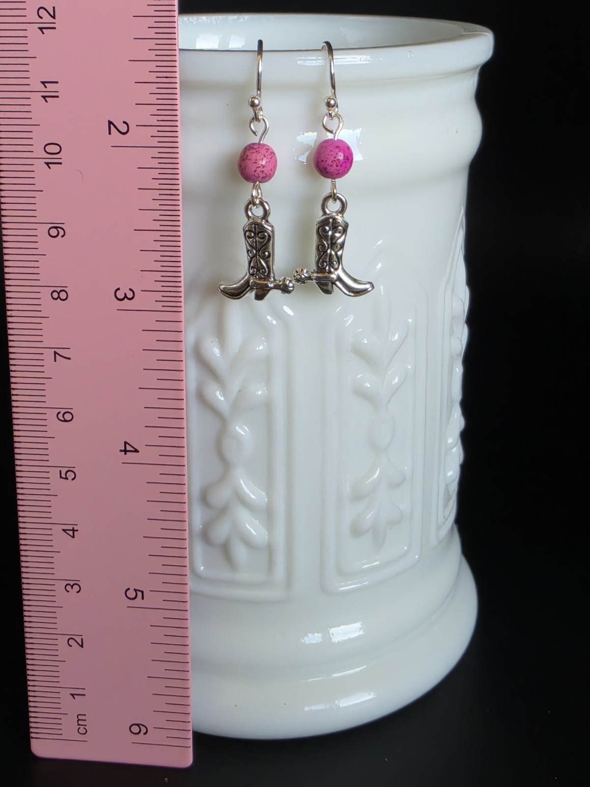 Dyed Pink Howlite Stone Bead Cowboy Boot Dangle Earrings Silver Tone Handmade