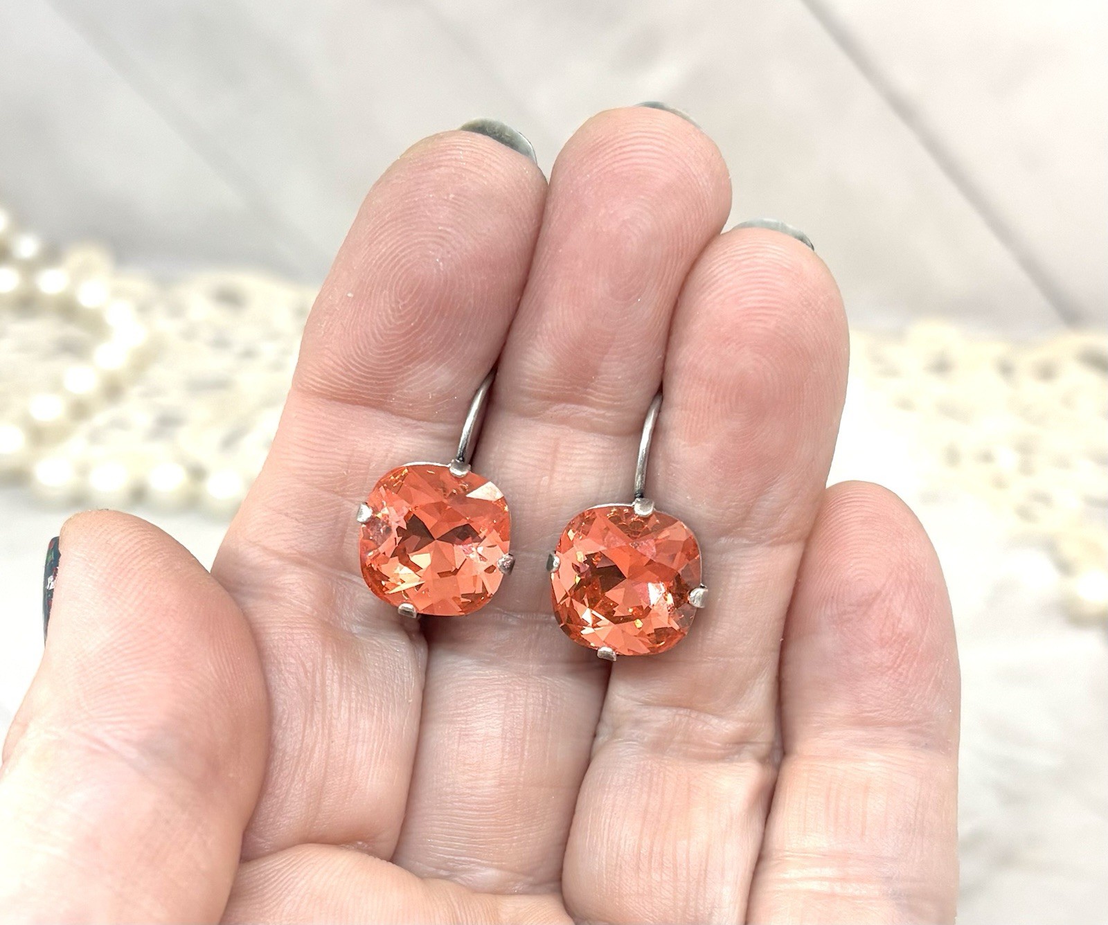 12mm Silver Plated Padparadasha Crystal Square Cup Chain Earrings