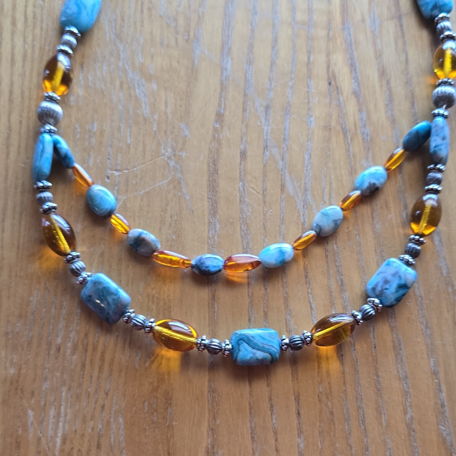 Blue Amber Stone & Glass Beaded Necklace Irregular Blue Stone Hook Clasp