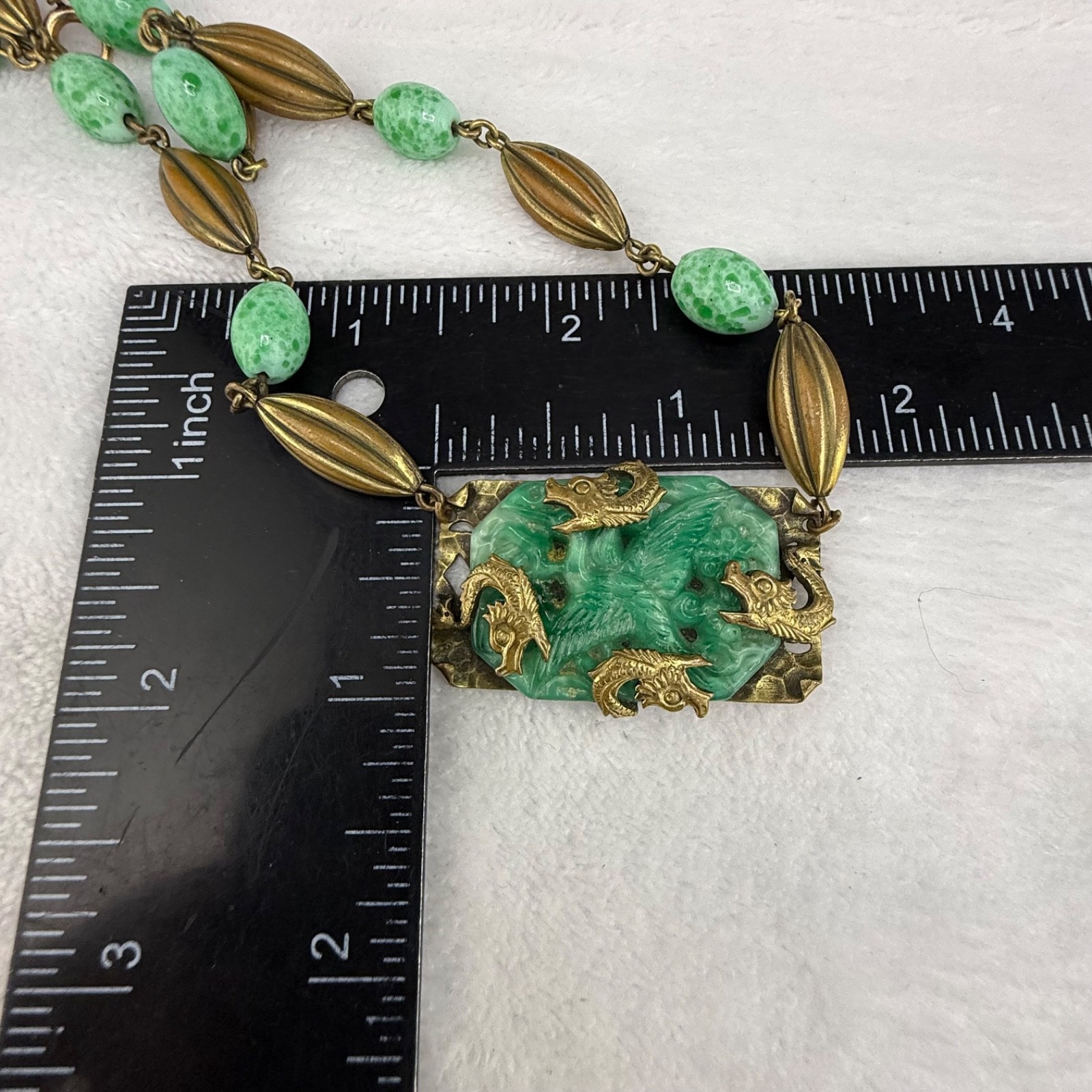 Vintage Polished Stone Dragon Necklace Gold Tone Asian 17”
