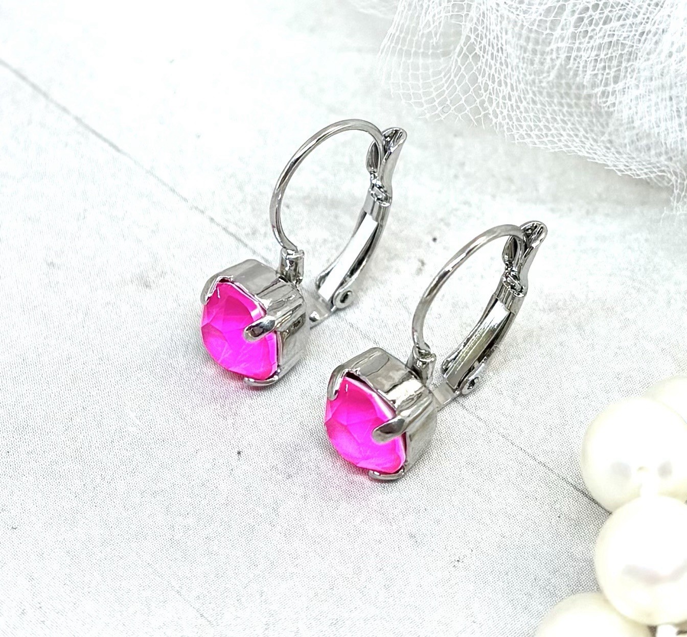 8mm Shiny Silver Plated Neon Pink Cup Chain Drop Earrings