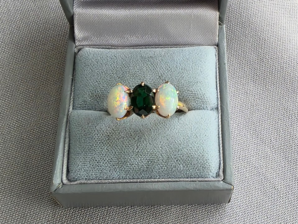 Antique Trilogy Ring Vibrant Opals and Deep Green Center Stone 10k Gold Superb!
