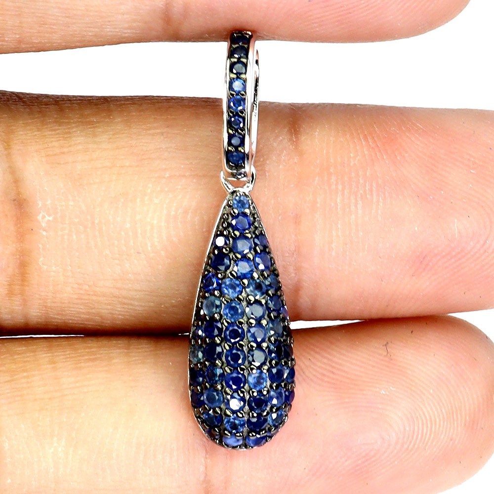 925 Sterling Silver Pendant Blue Sapphire Round Diamond Cut Gemstone Jewelry