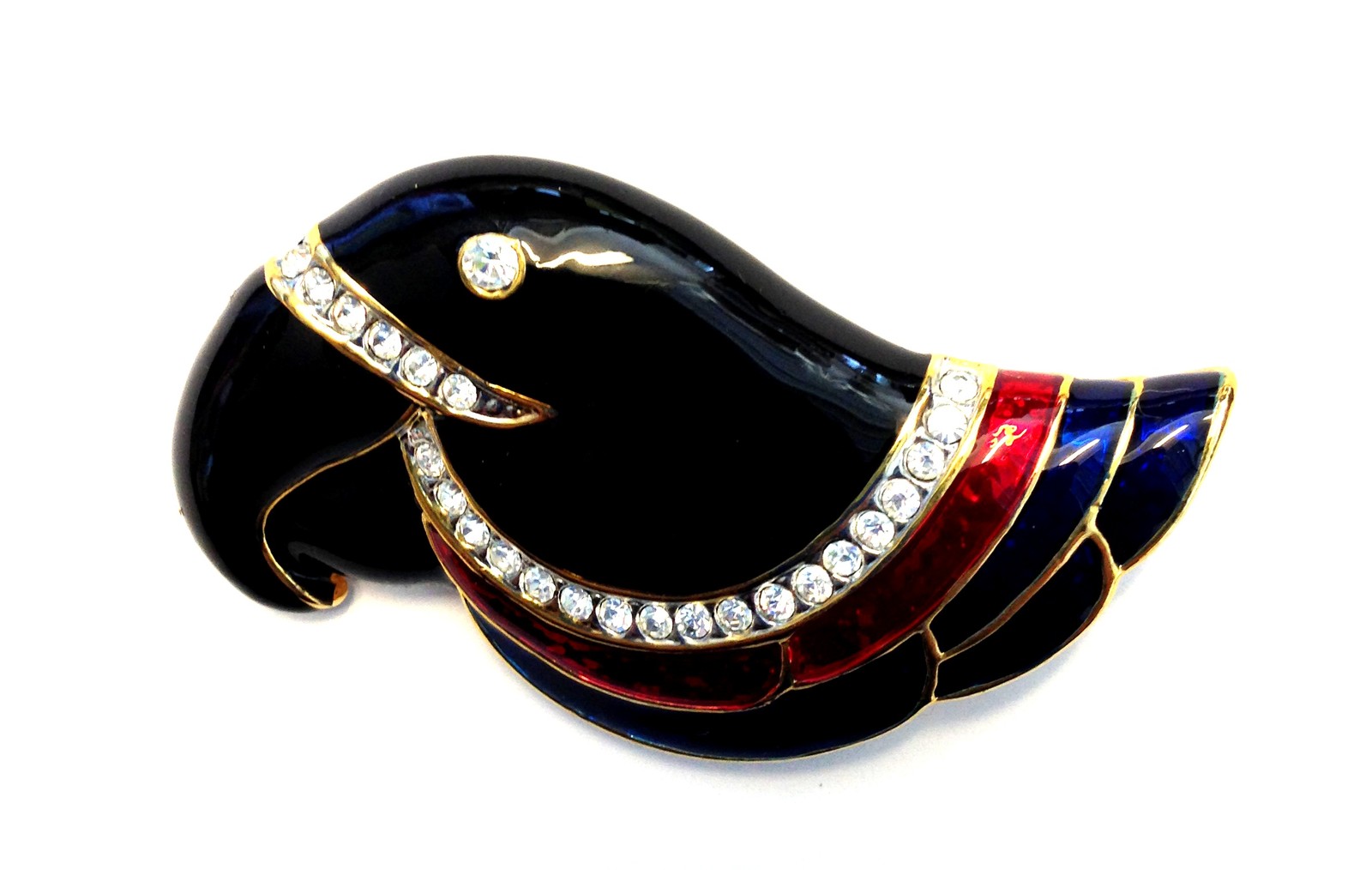 Bird Brooch Pin Crystals & Multi-Color Black Blue & Red Enamel Christmas Gift
