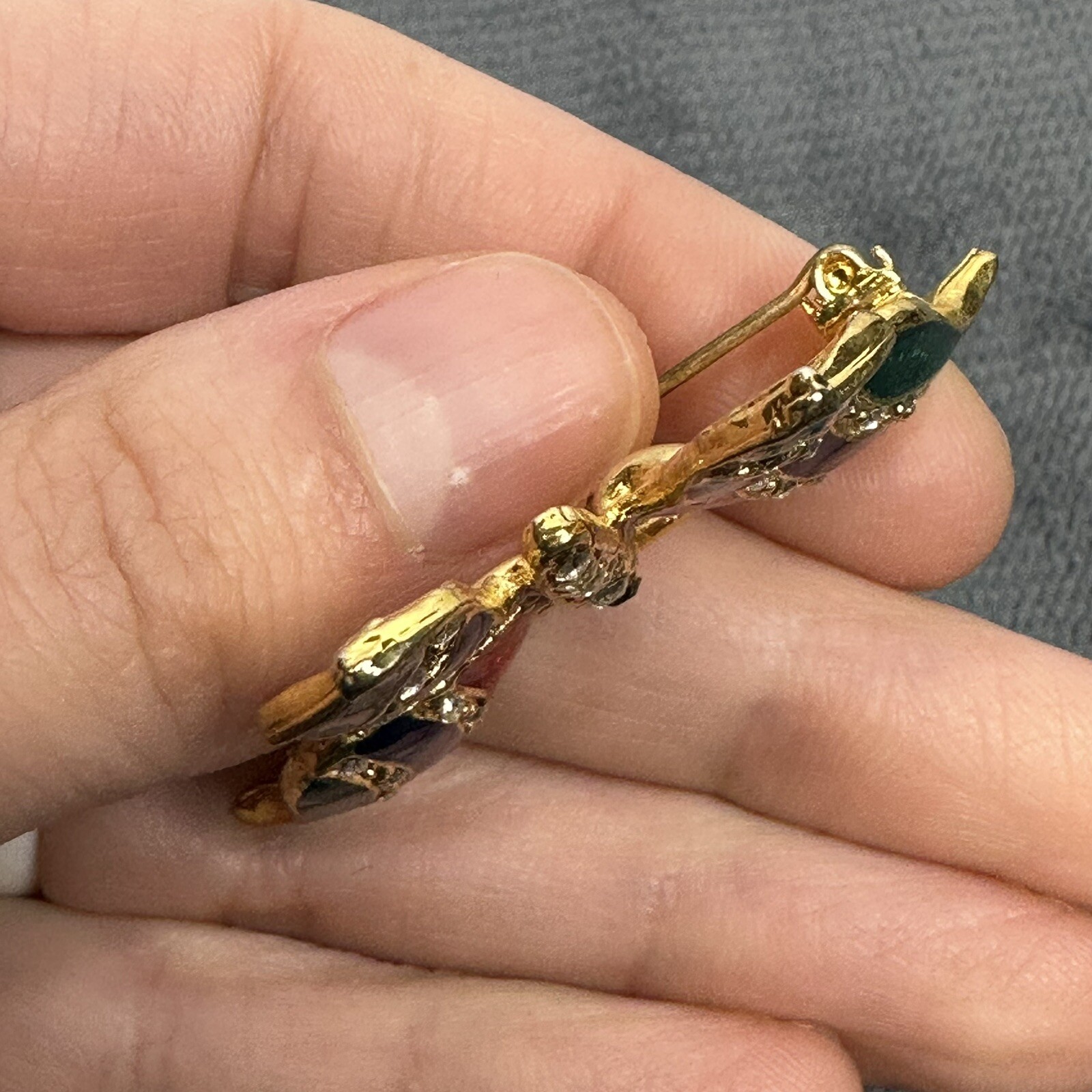 Vintage Butterfly Enamel Brooch Pin Gold Tone Red Blue Green Rhinestones Shiny