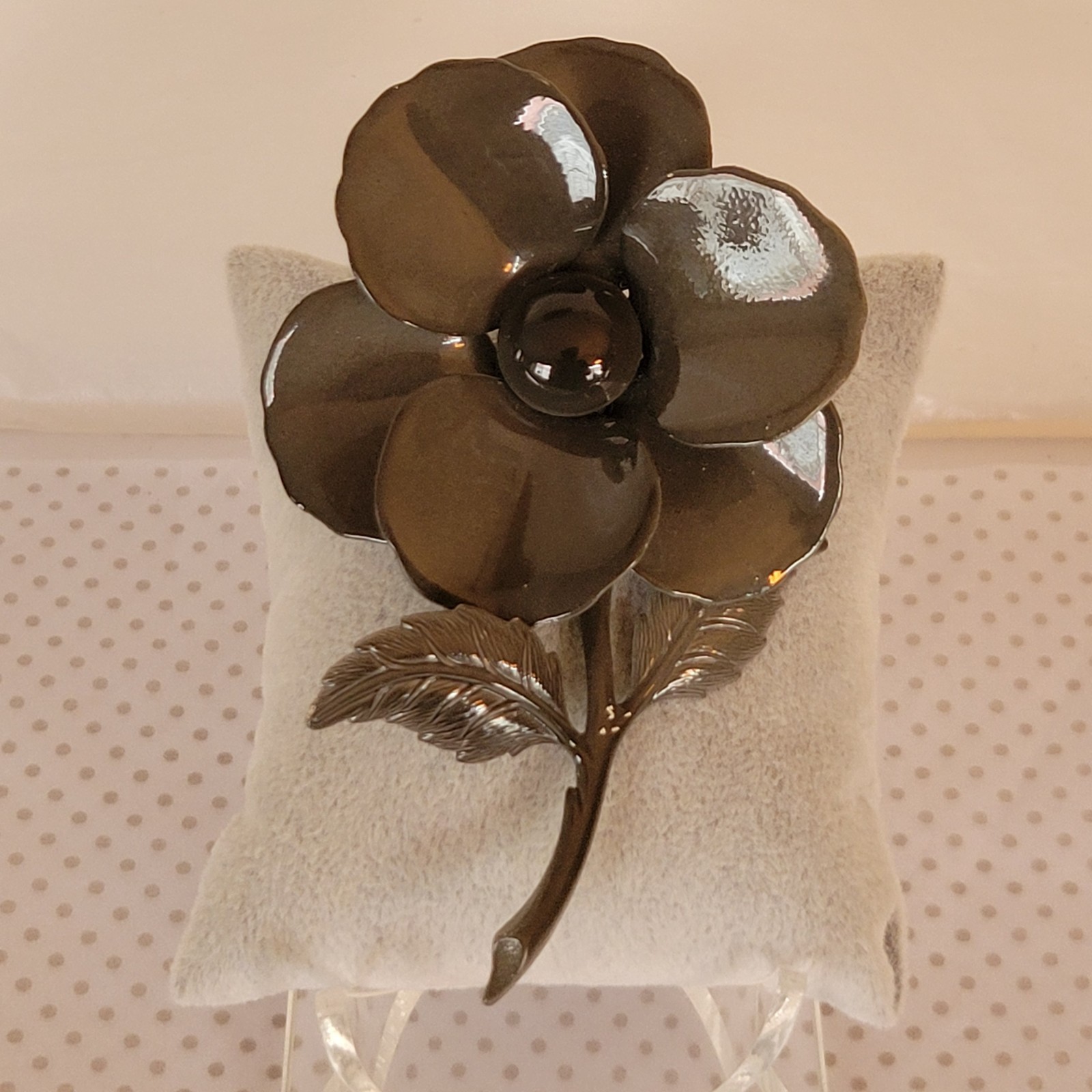 Vintage Enameled Flower Brooch Dark Gray 3.75 In. Formal Attire