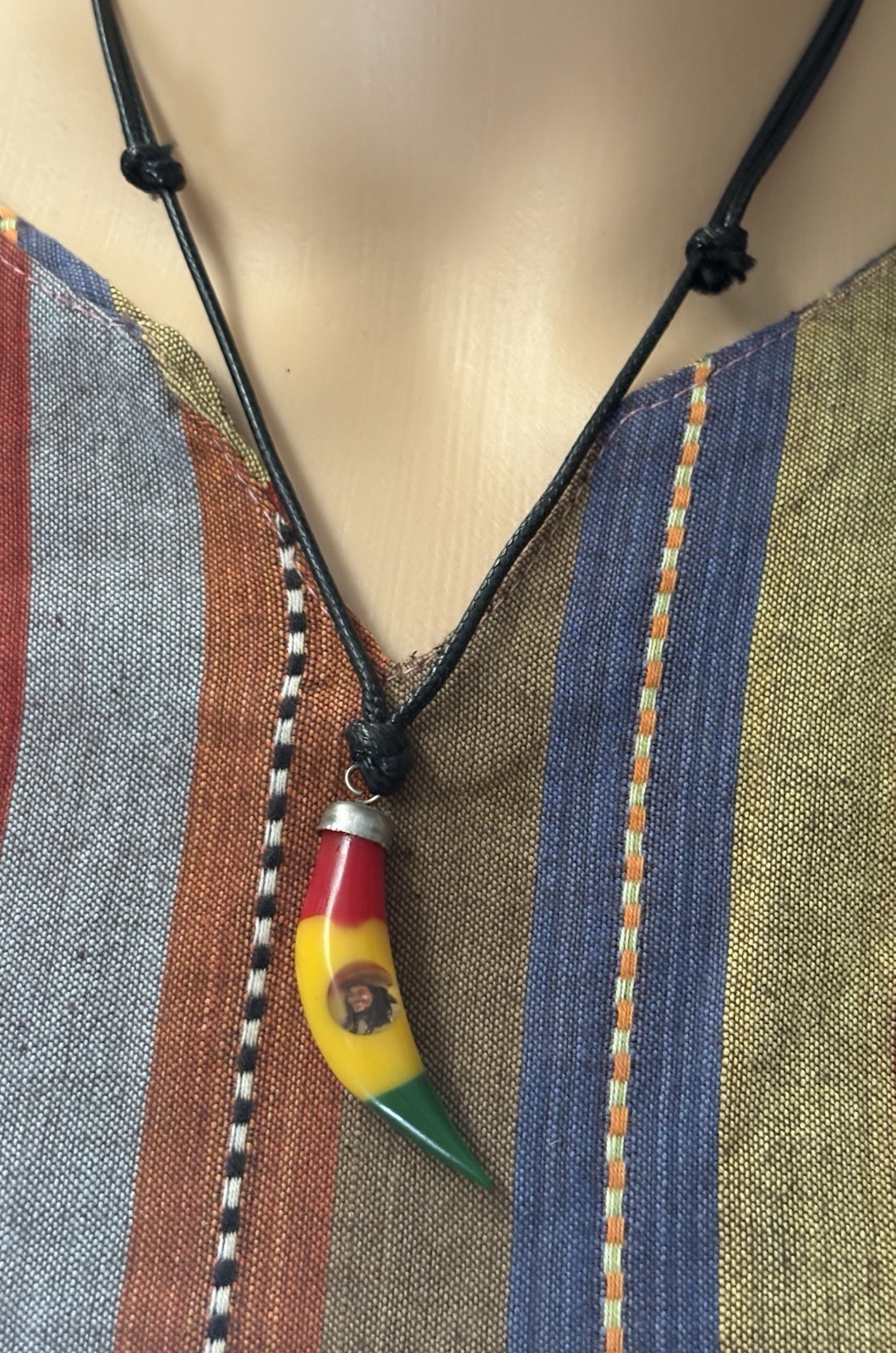 Rasta Tooth Charm Pendant Black Cord Necklace Red Yellow Green Adjustable Tie