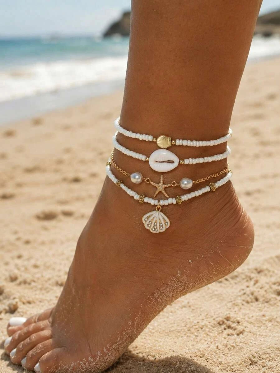 3pcs Starfish Shell Anklet Set Women Beach Beaded Jewelry