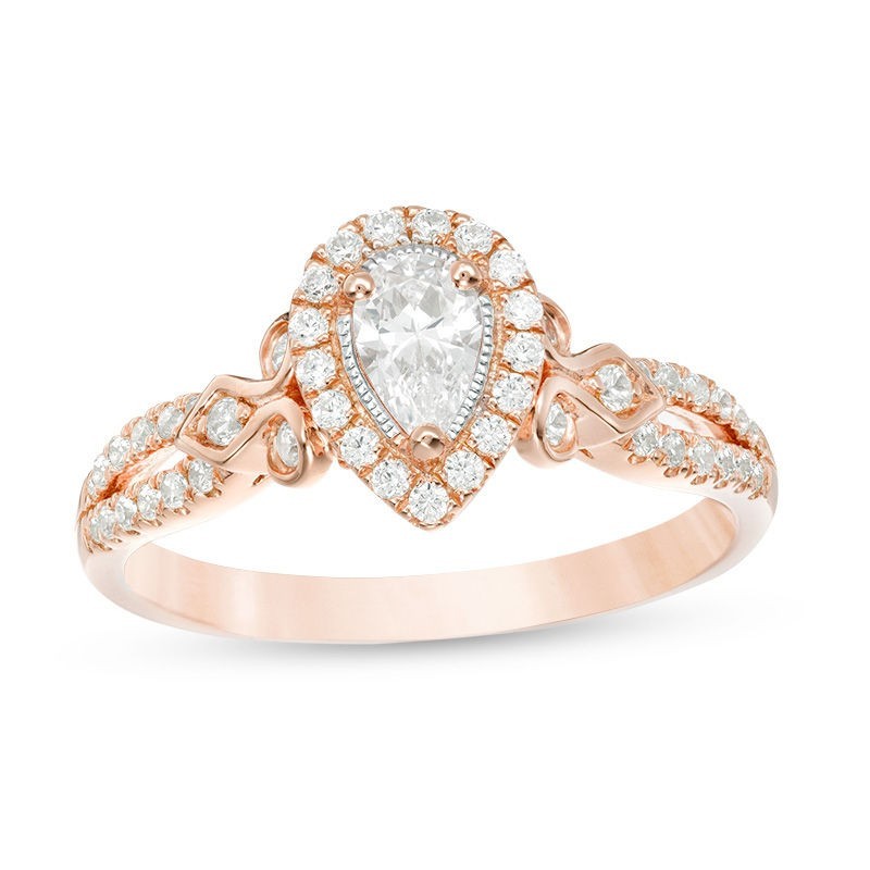 1/2 CTTW Pear Diamond Engage Ring 14k Rose Gold Size 6 & 1/5 CTTW Chevron 10k