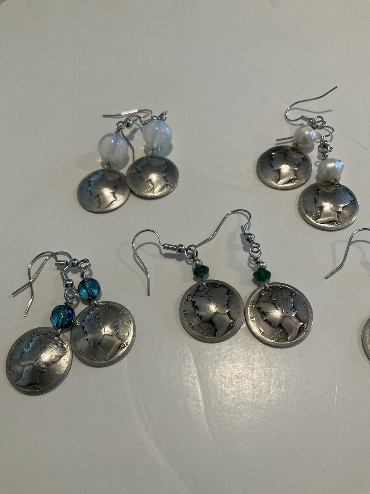 1pair Mercury Dime & Birthstone Crystal Earrings, Color Varies, See Description