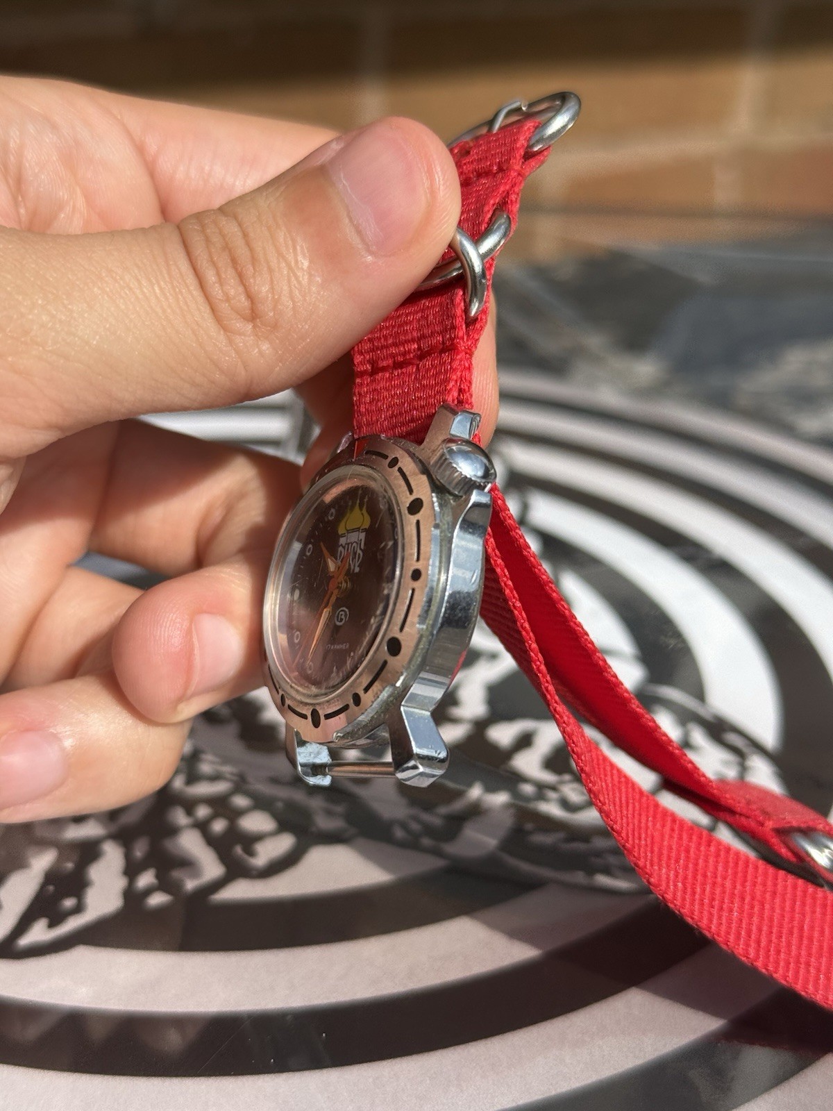 ⁠Vintage Vostok Rus Russian Soviet Era Mechanical Watch Red NATO Strap⁠