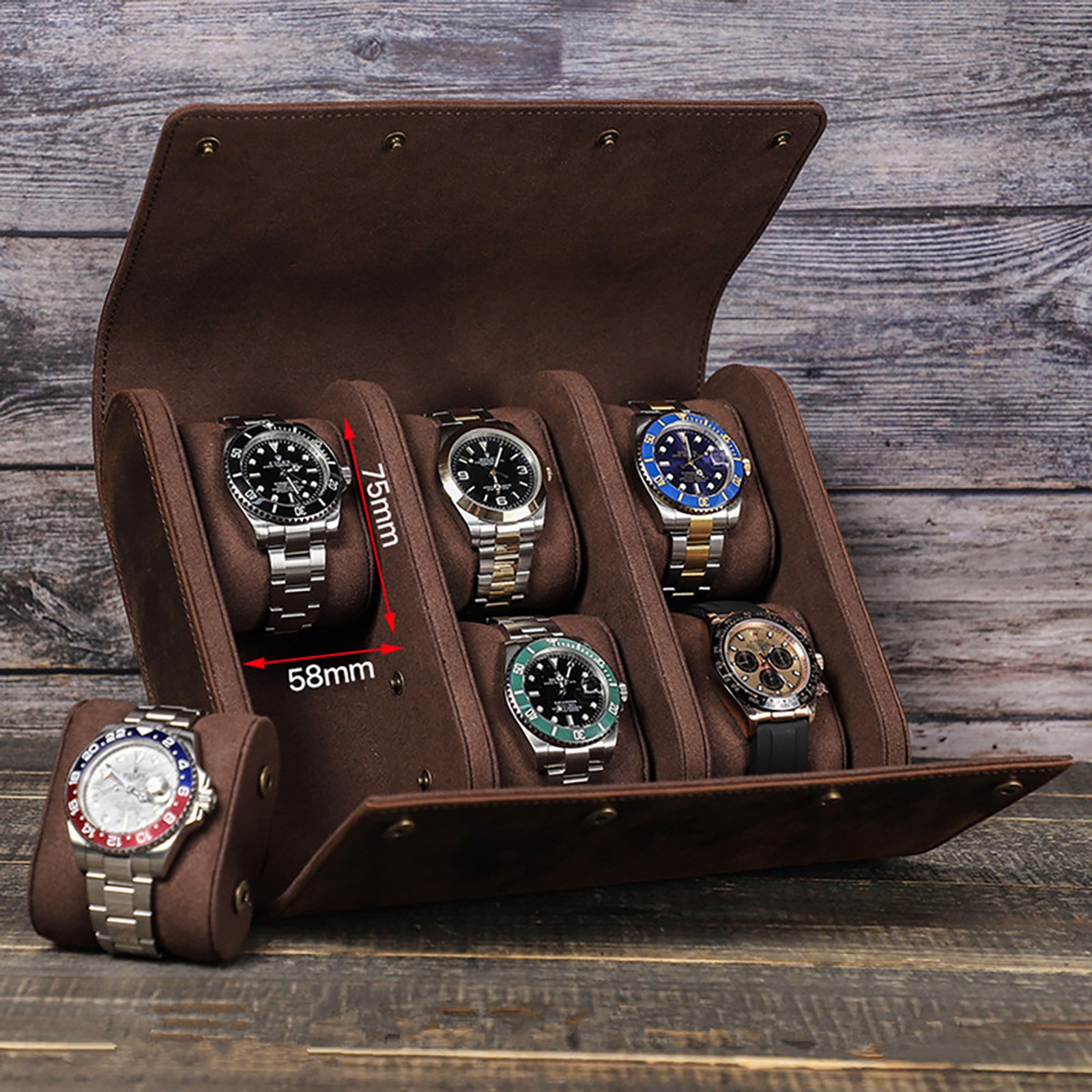 6-Slot Watch Roll Storage Box Genuine Leather Jewellry Display Travel Case NEW