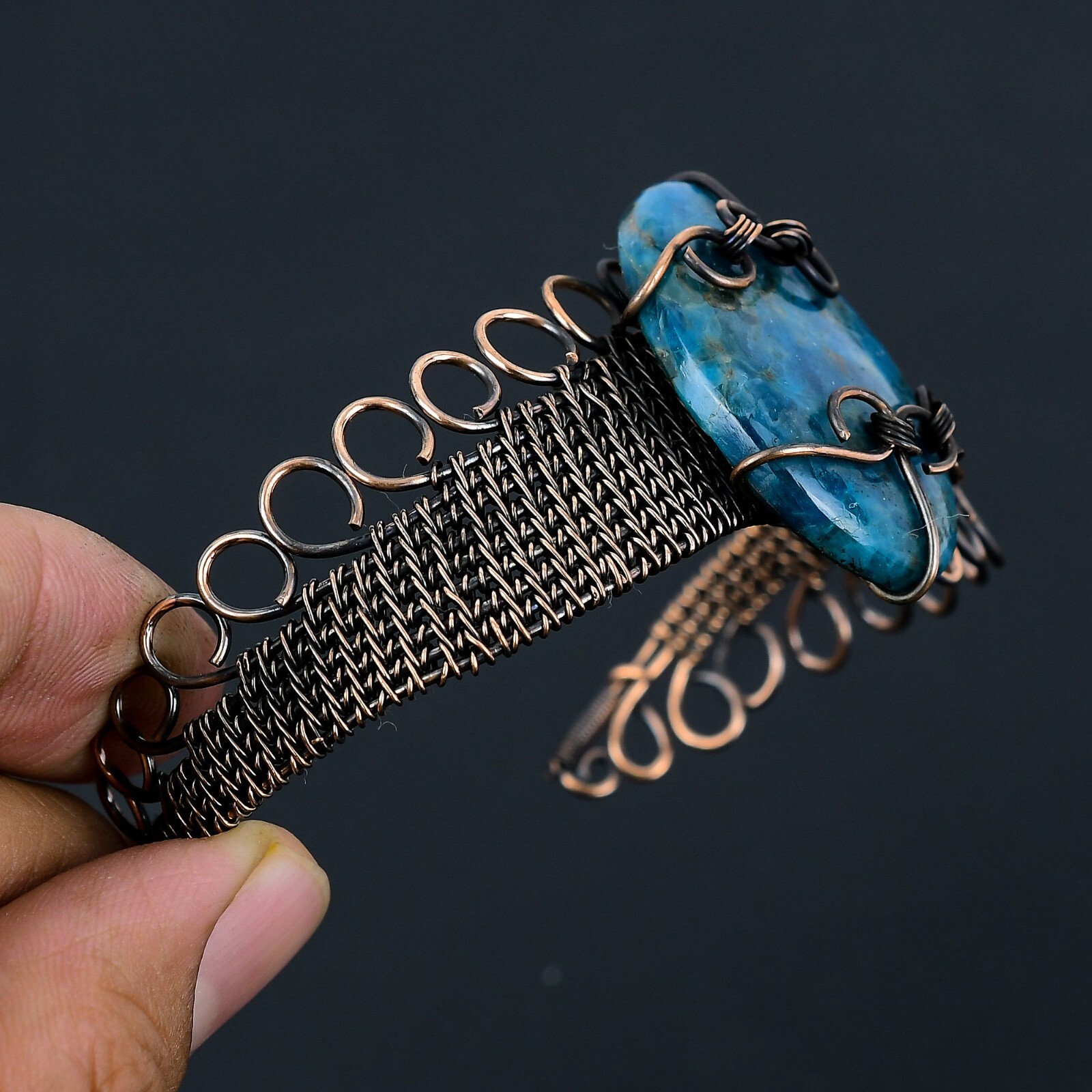 Neon Blue Apatite Gemstone Handmade Copper Wire Adjustable Bangle Jewelry