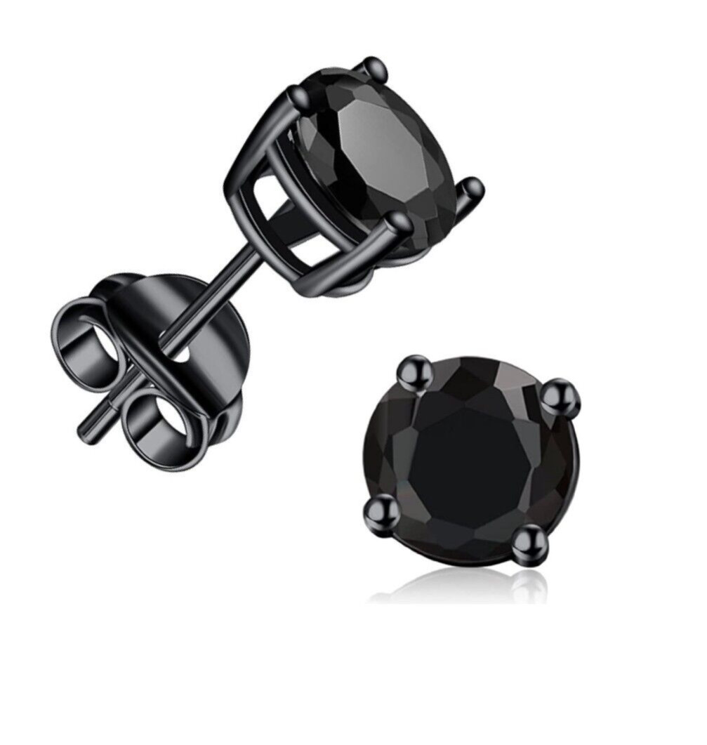 Black Sterling Silver Cubic Zirconia Stud Earrings for Men or Women 6mm