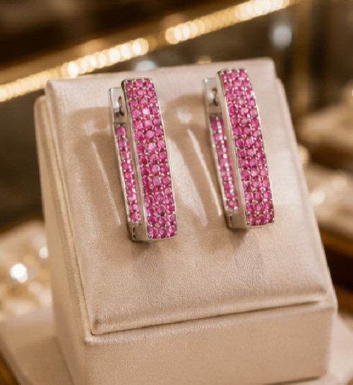 1.5ct Simulated Pink Ruby Rectangular Women’s Hoop Earrings14K White Gold Plated