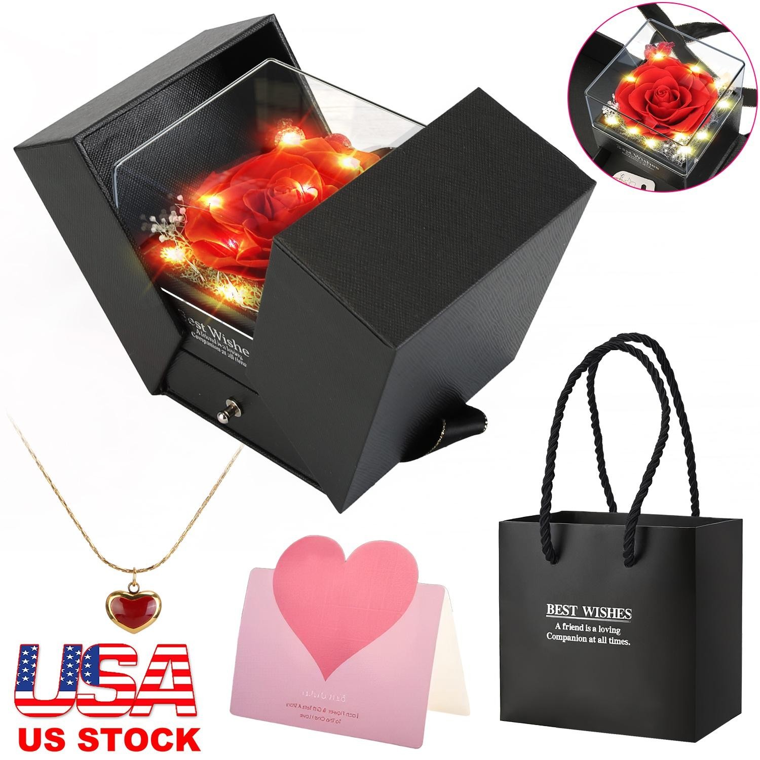 Preserved Red Real Rose w/ Heart Necklace Eternal Flowers w/ Golden