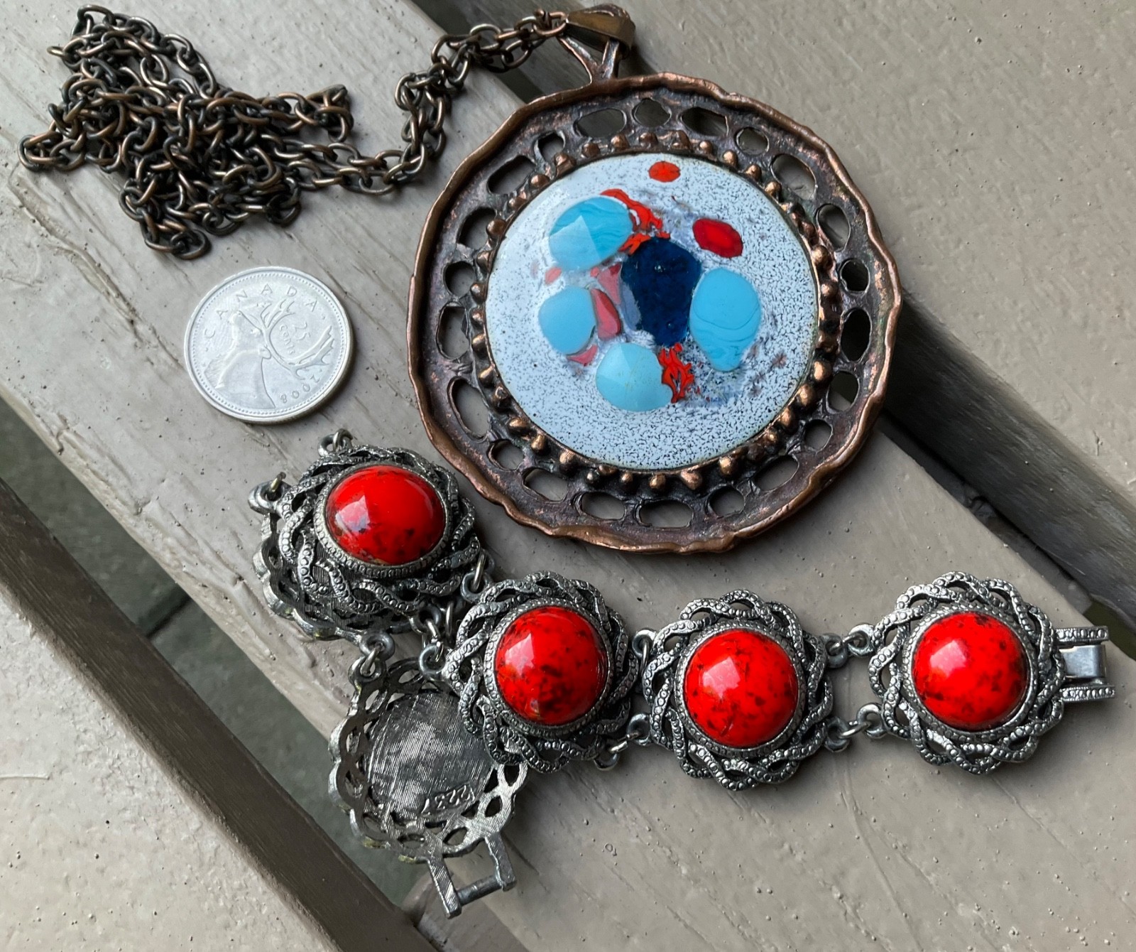 Vintage MCM Modern CERAMIC Lava BRACELET, Big ENAMEL COPPER Pendant NECKLACE
