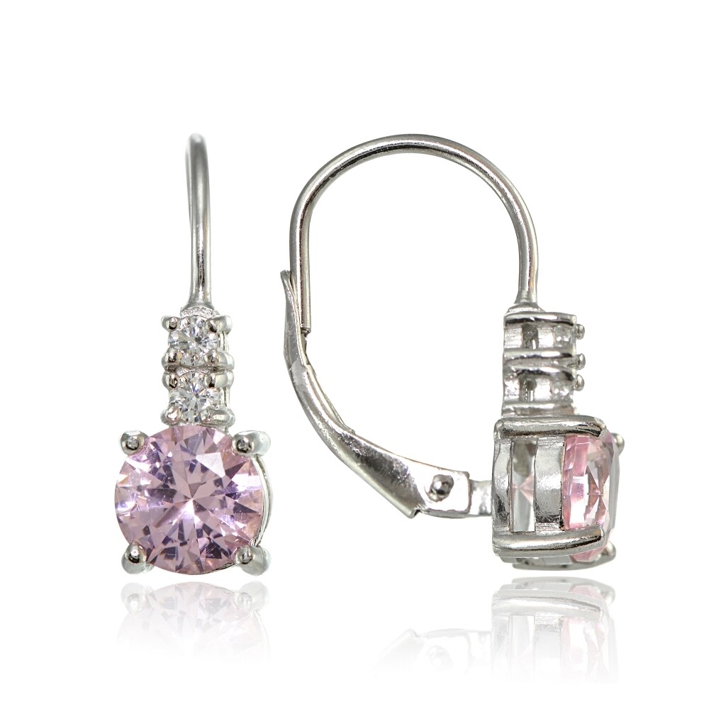 925 Silver Simulated Pink Tourmaline 6mm Round and CZ Accents Leverback Earrings